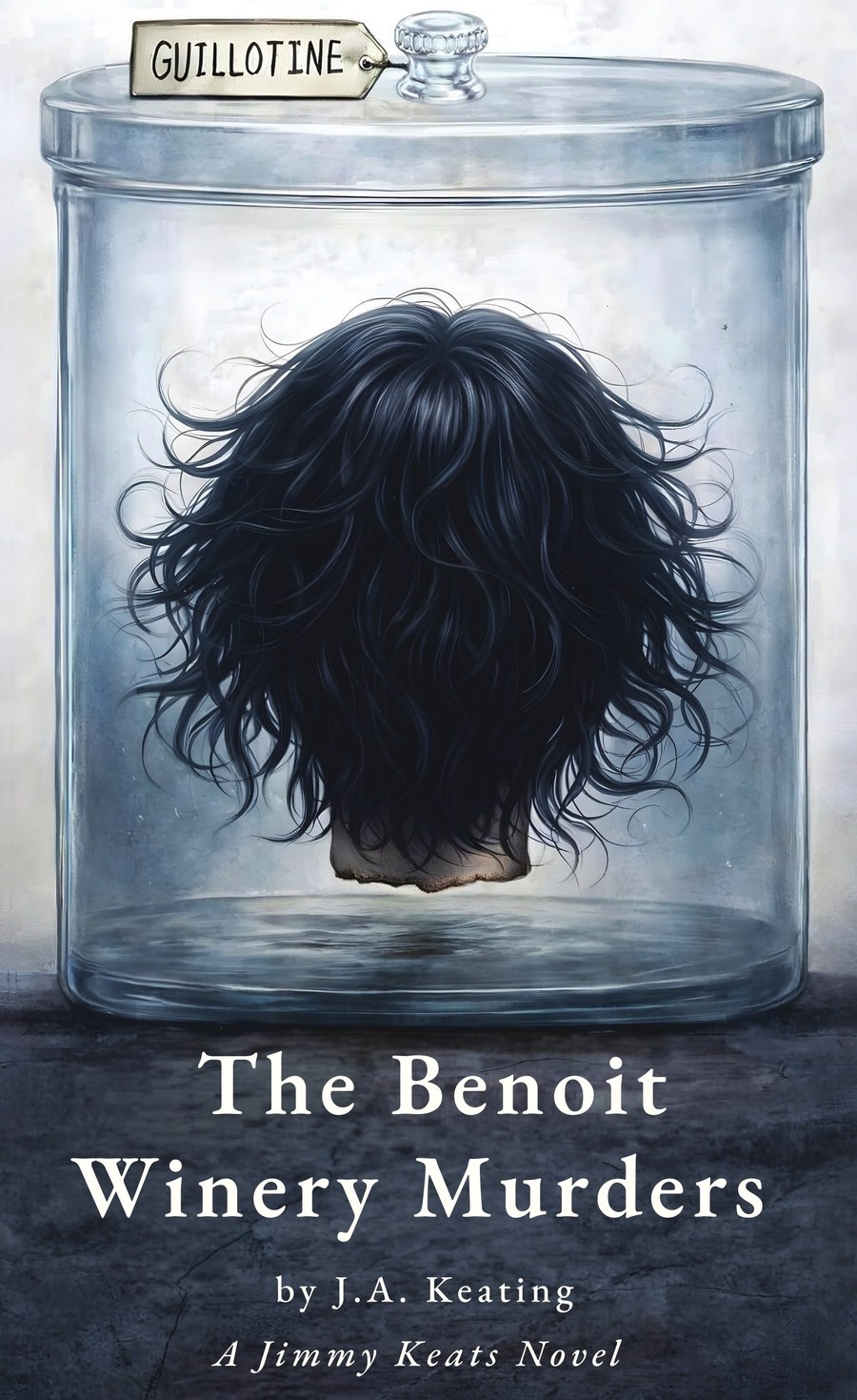Cover of The Benoit Winery Murders: a preserved head of dark hair inside a sealed glass jar, tagged “Guillotine”.